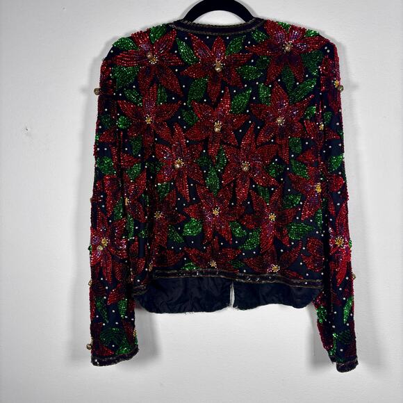 Vintage Laurence Kazar Sequin Jacket Size XL Red Black Floral Beaded Cropped - Picture 9 of 15